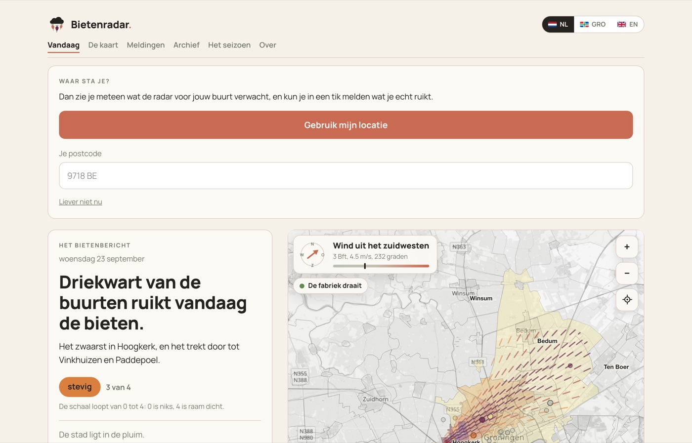 Screenshot van bietenradar.nl: de kaart met de geurpluim en de voorspelling per buurt in Groningen.