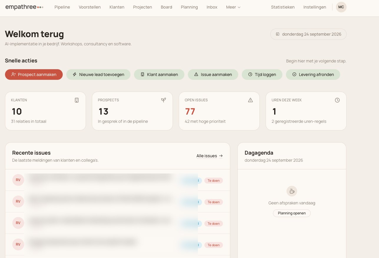 Screenshot van het Empathree-CRM: het dashboard met klanten, prospects, open issues en uren.