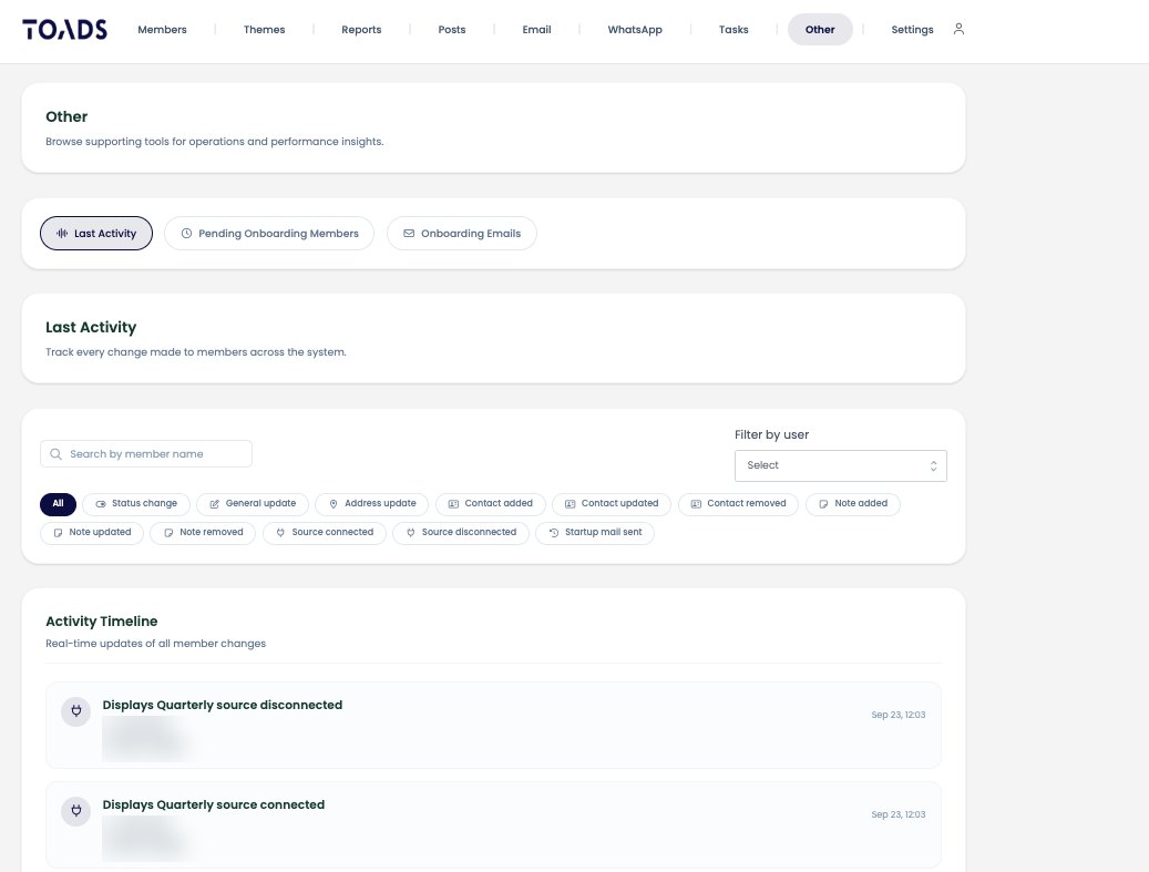 Activity log: every change to a location, from source connection to note, with who and when.