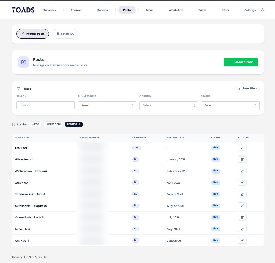 Social posts: plan and manage content per brand and country.