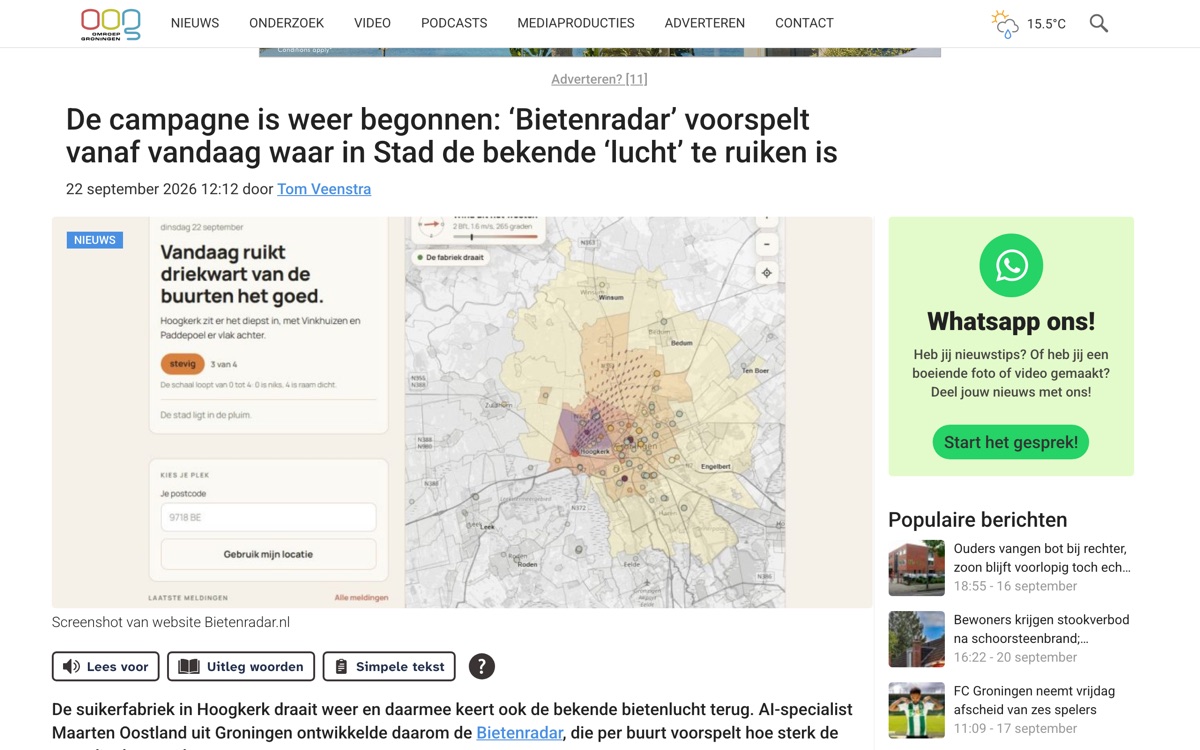 OOG Groningen: The campaign has started again: the Bietenradar predicts the familiar smell