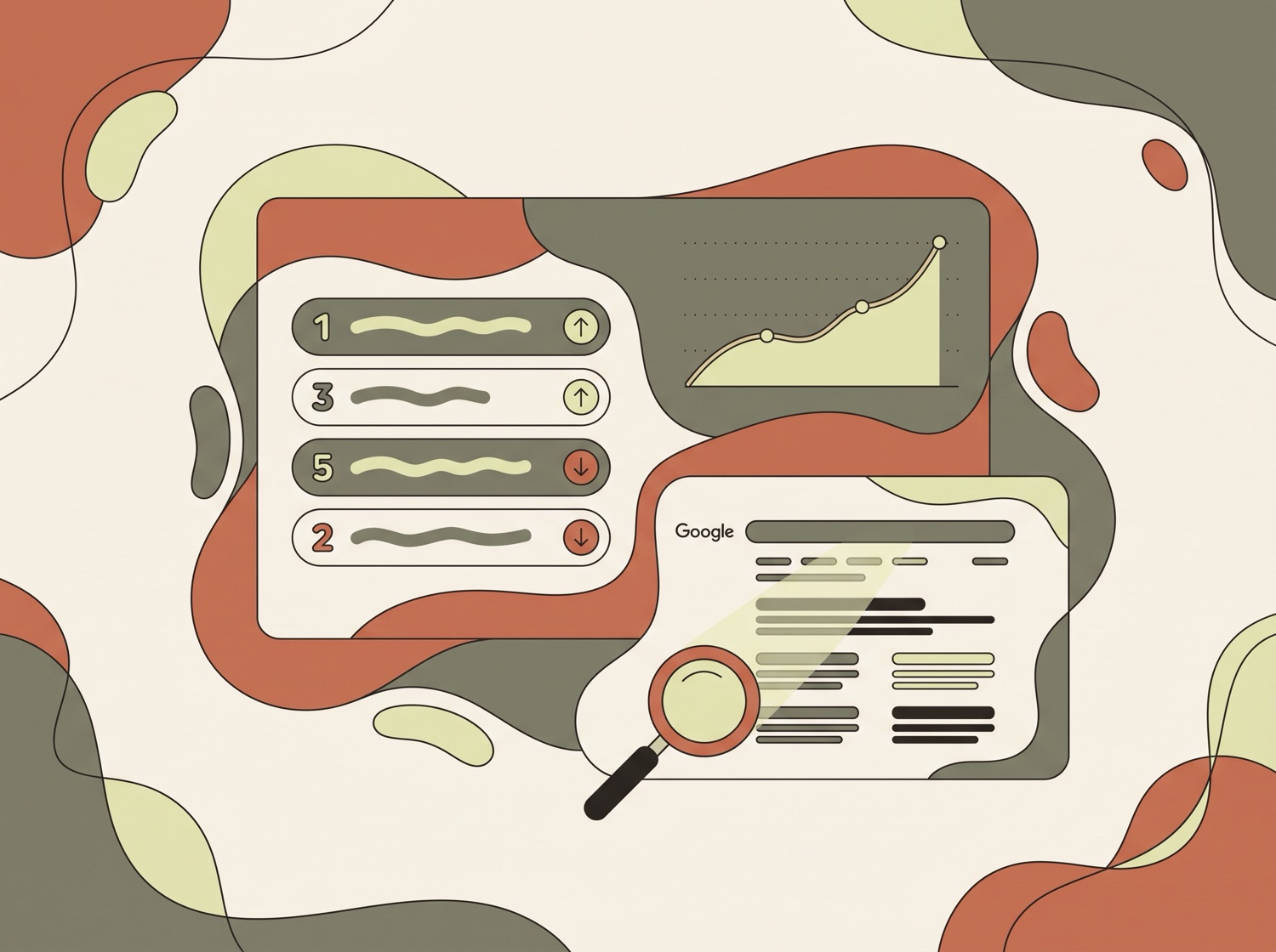 Illustratie: een rank tracker met keyword-posities, een stijgende trend en de Google-zoekresultaten.