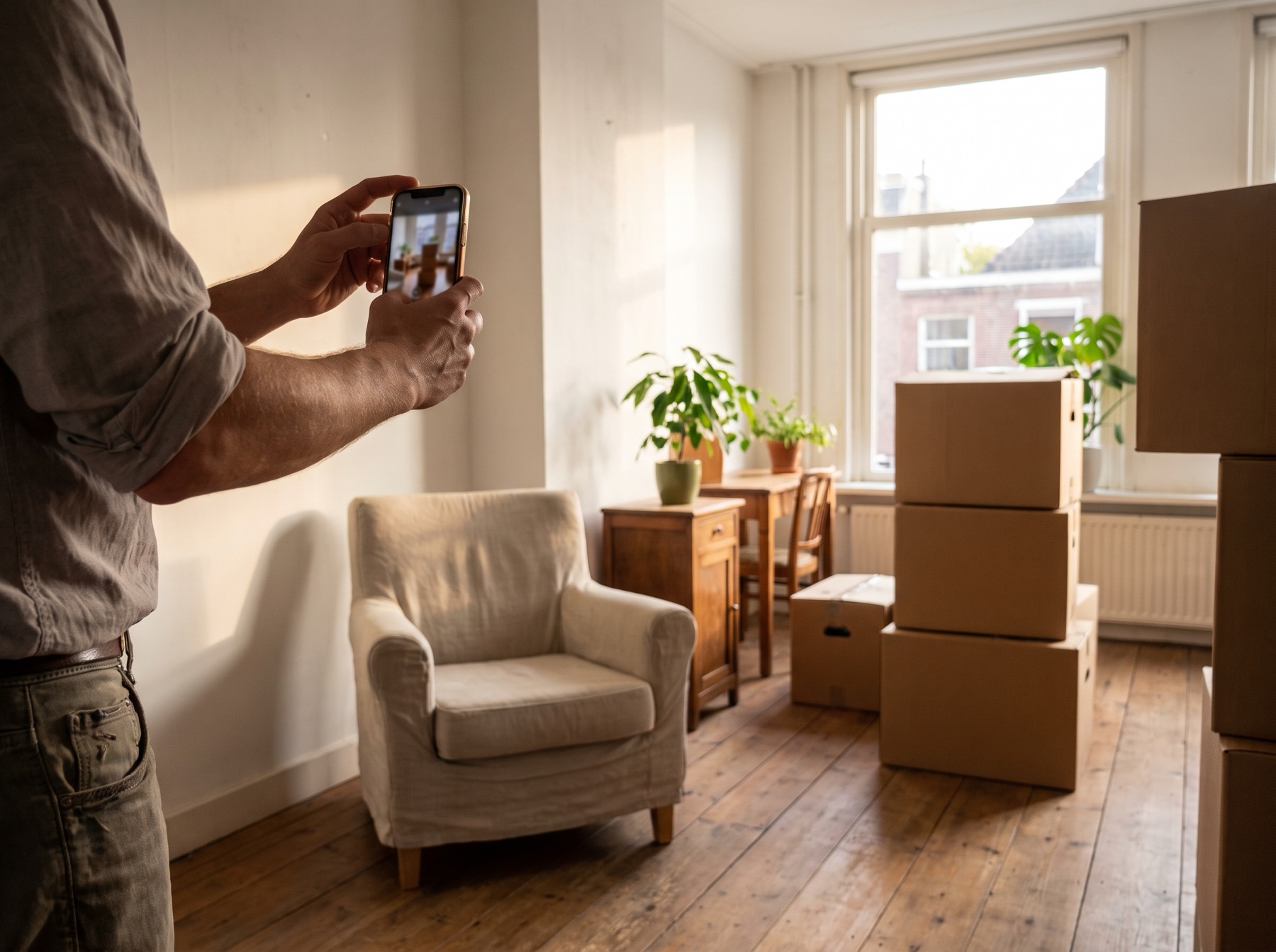 Customer photographing the living room with boxes for a moving quote