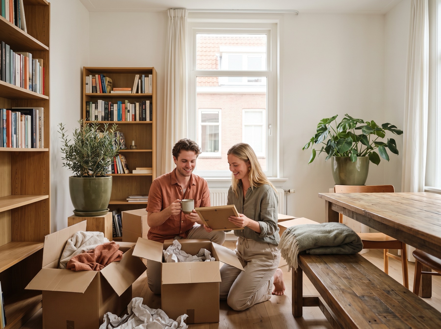 Couple happily unpacking boxes in their new home