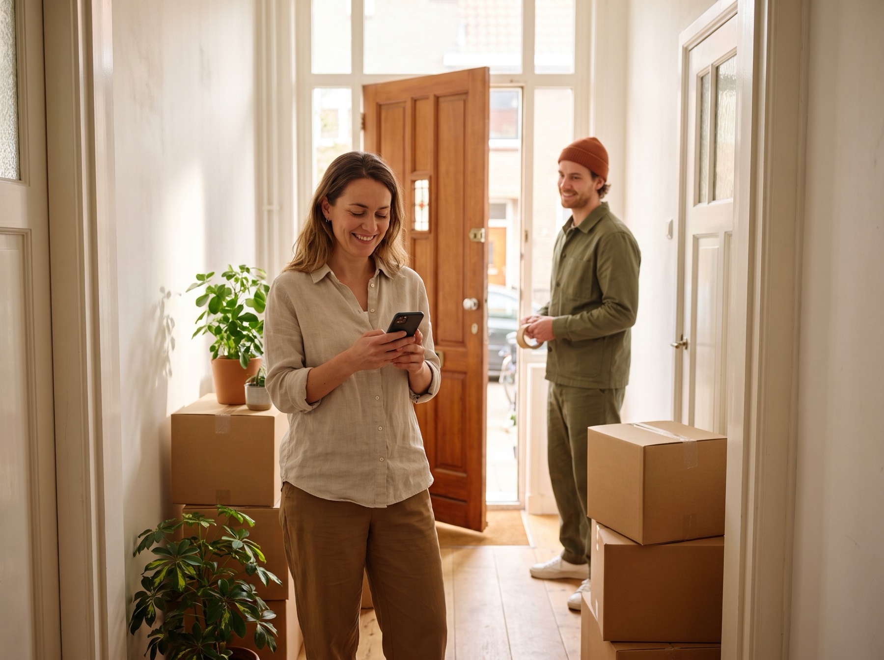 Customer smiling at her phone while a mover stands at the door
