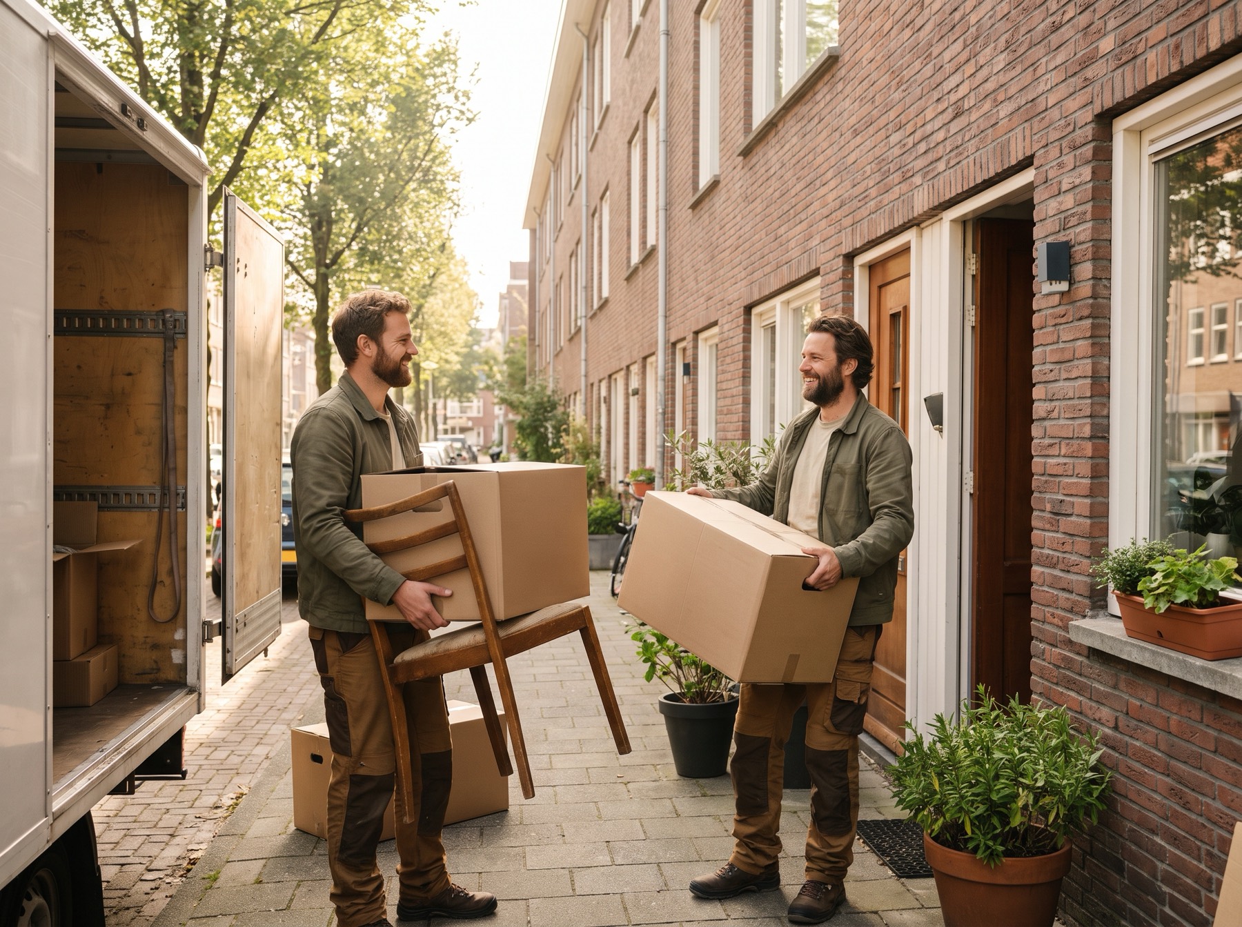 Two movers carrying boxes and a chair to the moving van
