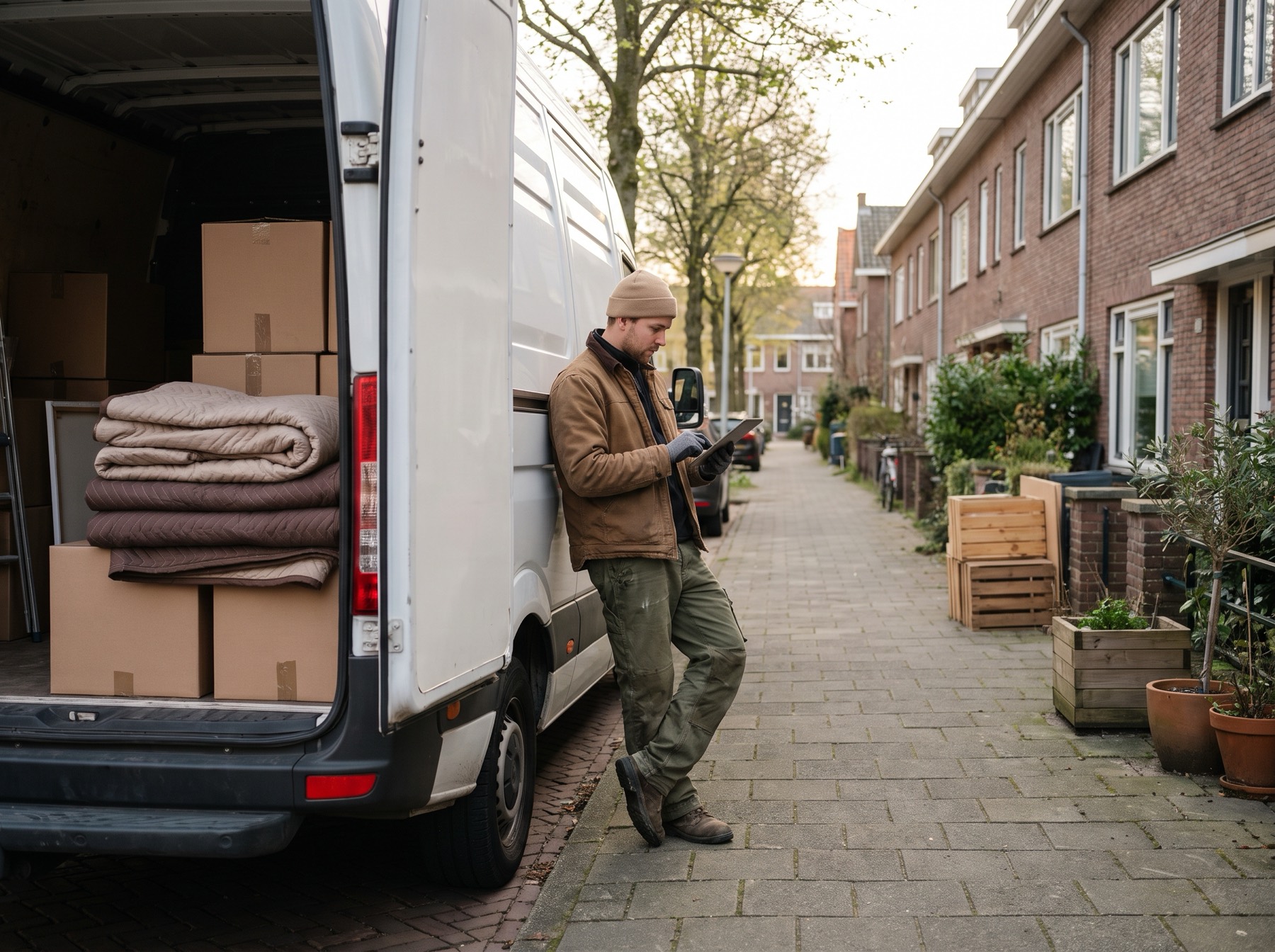 Mover beside a loaded moving van checking the route on a tablet